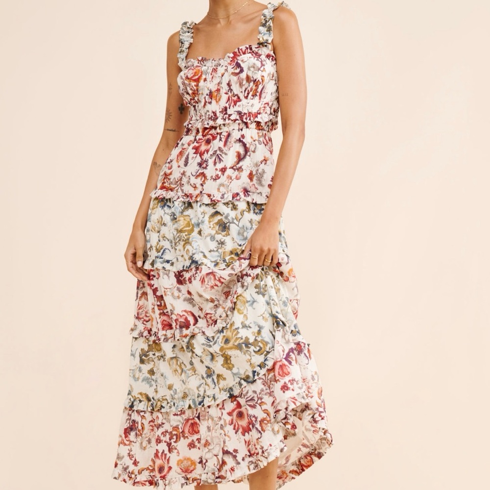 Square-Neck Ruffle Tiered Midi Dress